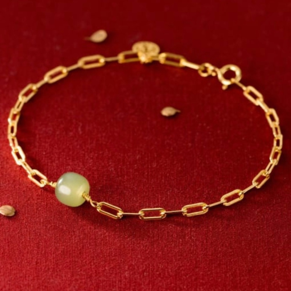18k Gold Plating Over 925 Sterling Silver Natural Jade Link Bracelet